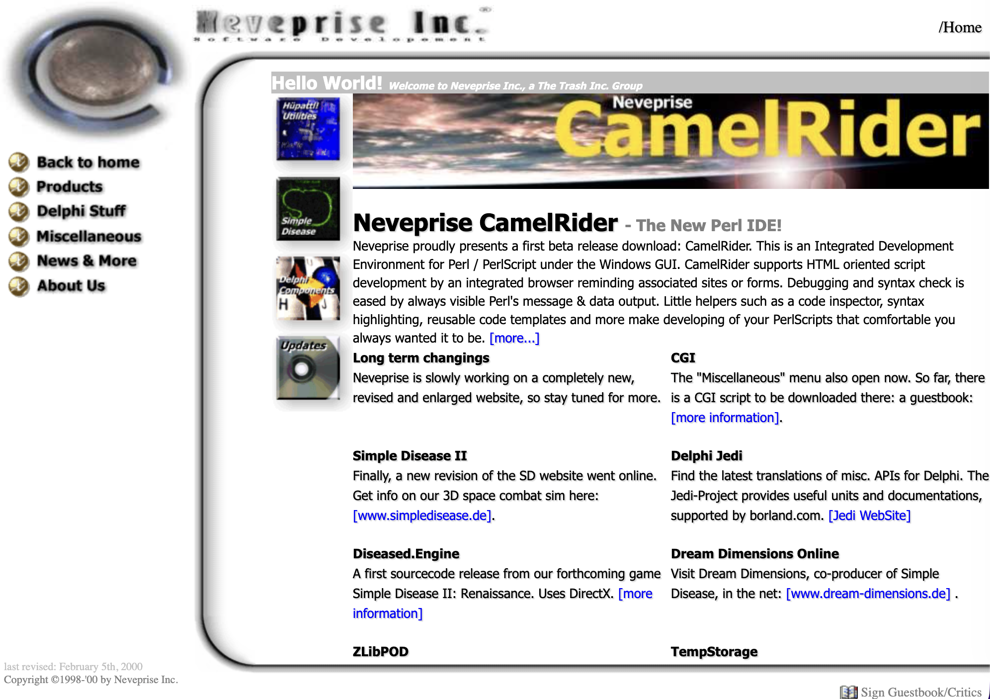 Screenshot of the Neveprise Inc. website as it appeared around 2001