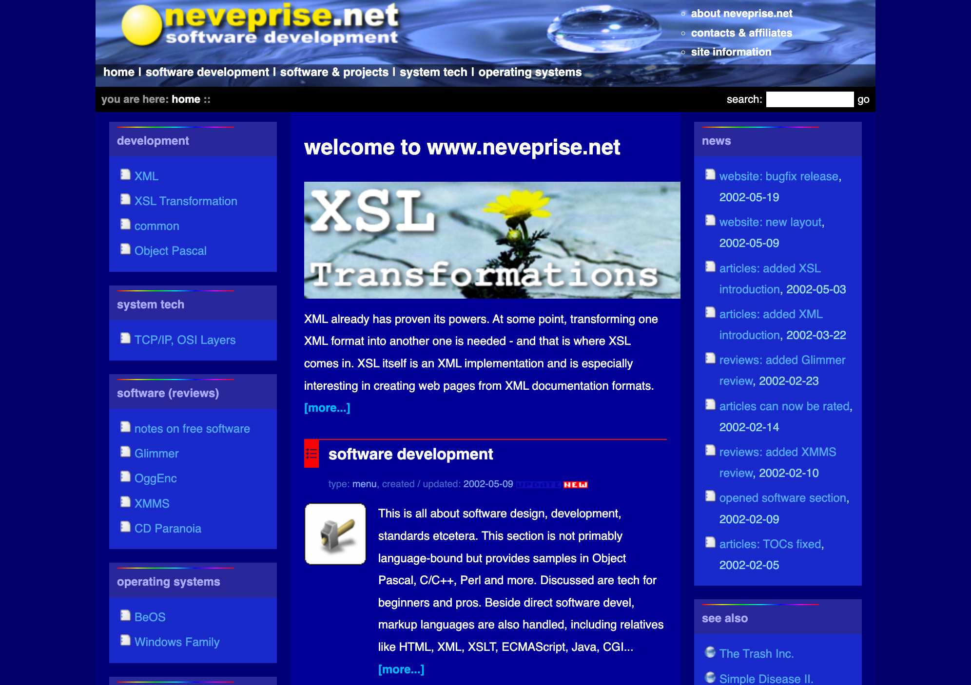 Screenshot of the neveprise.net beta website as it appeared around 2002